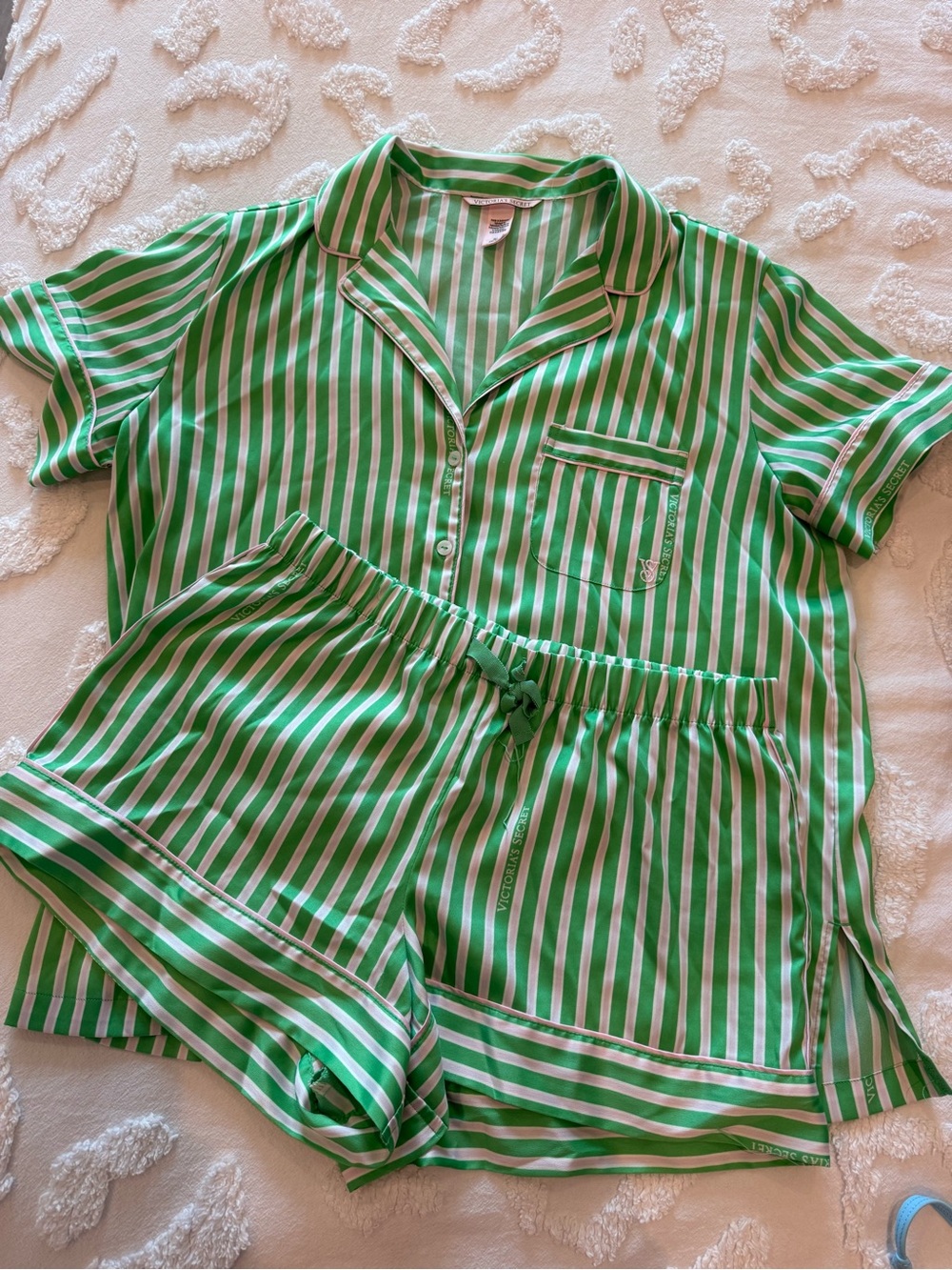 Victoria's Secret Green and White Striped Satin Pajama Set